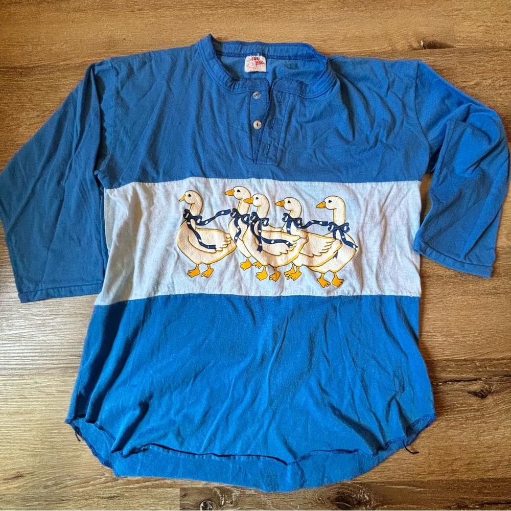 Vintage 80s Fast Ball Blue Henley Shirt with Goose Graphic